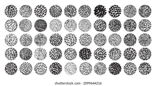 Set of black abstract textured circles with patterns.