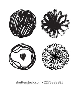 Set of black abstract textured circles with patterns.