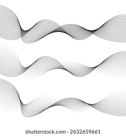 Set of black abstract wave line isolated on white background. Smooth flowing curved stripes in gradient style. Futuristic motion design, minimal geometric pattern. Graphic vector illustration.