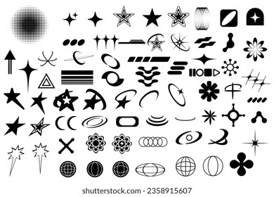 Set of black abstract y2k geometric elements and shapes.  Retro line design elements. 