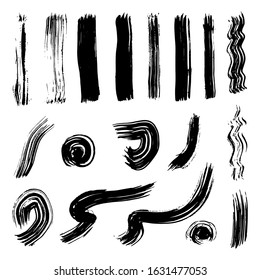Set of black acrylic brush strokes, lines, circles. Vector hand drawings with design elements for posters, logos, brushes, advertising, templates, patterns, banners, icons. White isolated background. 
