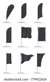 Set of black advertisement blank flags and banners different shapes isolated on white background. Vector illustration.