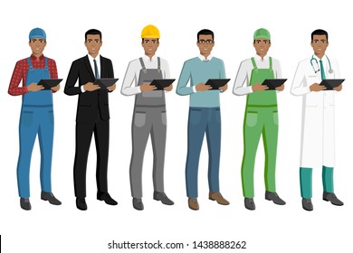 Set Of Black African American Men With A Digital Tablet. Foreman, Businessman, Engineer, Casual, Farmer, Doctor. Isolated On White. Vector Illustration