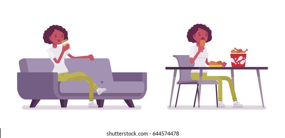 Set of black or african american young woman, sitting with coffee on sofa, eating at the table, fried chicken bucket on it, relaxing, vector flat style cartoon illustration, isolated, white background