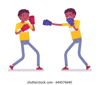 Set of black or african american young men boxing, competing, wearing protective gloves, throwing punches at each other, attacking, vector flat style cartoon illustration, isolated, white background