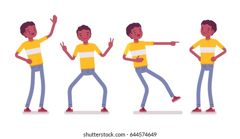 Set of black or african american young man wearing bright t-shirt standing, belly laughing, mocking, akimbo pose, positive emotions, vector flat style cartoon illustration, isolated, white background