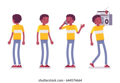 Set of black or african american young man wearing bright t-shirt, in standing pose, using phone, holding boombox, front, rear view, vector flat style cartoon illustration, isolated, white background