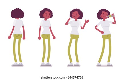 Set of black or african american young woman in standing pose, using phone, chatting, drinking from the bottle, front, rear view, vector flat style cartoon illustration, isolated, white background