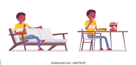 Set Of Black Or African American Young Man, Sitting With Beer On Sofa, Eating At The Table, Fried Chicken Bucket On It, Relaxing, Vector Flat Style Cartoon Illustration, Isolated, White Background