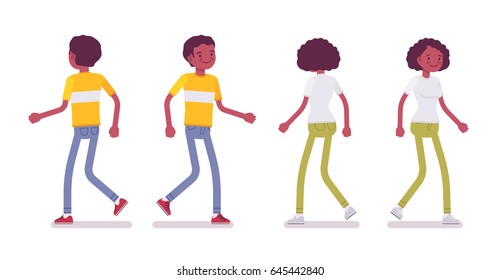 Set of Black or African American young man and woman, bright casual wear, smiling, in walking pose, front, rear view, vector flat style cartoon illustration, isolated, white background