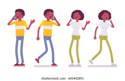 Set of Black or African American young man and woman in bright casual wear, talking on phone, puzzled, smiling, standing pose, vector flat style cartoon illustration, isolated, white background