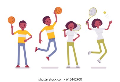 Set of Black or African American young sporty man and woman, playing basketball, tennis, jumping, spinning a ball on finger, vector flat style cartoon illustration, isolated, white background