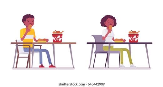 Set Of Black Or African American Young Man And Woman, Sitting Eating At The Table, Enjoying, Fried Chicken Bucket On It, Relaxing, Vector Flat Style Cartoon Illustration, Isolated, White Background