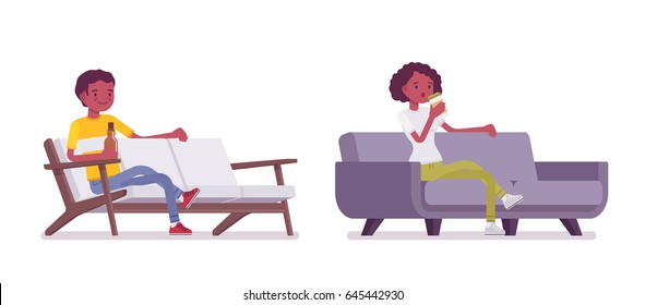 Set of Black or African American young man and woman, sitting at comfortable sofa, drinking beer and coffee, smiling and relaxing, vector flat style cartoon illustration, isolated, white background