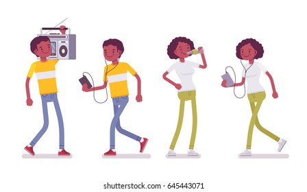 Set of Black or African American young sporty man and woman, walking, using phone, holding boombox, drinking, listening to music, vector flat style cartoon illustration, isolated, white background