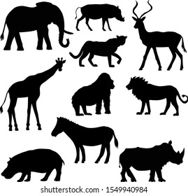 set of black african animals isolated on white background