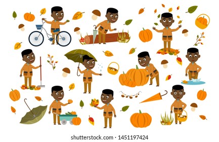 Set black African-American boy in an autumn jacket plays with leaves, launches a paper boat, rides a bicycle, carries pumpkins and has fun in the fall. Cute Vector Illustration