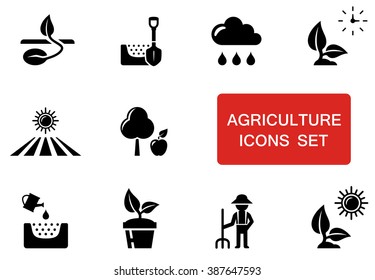 set of black agriculture icons with red accent
