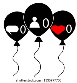 set of black air  balloon,zero friends,messages,likes. Modern simple flat birthday baloon sign. Celebration, internet concept for website, web button, mobile app.vector illustration icon