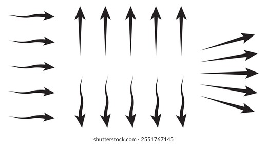 Satz von schwarzen Luftstrom-Symbol, Vektorsatzgrafik. Symbol für Luftströmungsrichtung.