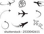 set of black airplane icons,travel symbols, Plane icon set. Flight transport symbol. Airplane icon vector. Travel flat illustration. Travel symbol. Vector EPS
