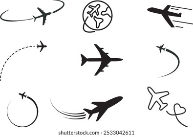 Conjunto de iconos de avión negro, símbolos de viaje, conjunto de iconos de avión. Símbolo de transporte de vuelo. Icono de avión Vector. Ilustración plana de viaje. Símbolo de viaje. VECTOR EPS
