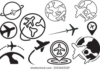 set of black airplane icons,travel symbols, Plane icon set. Flight transport symbol. Airplane icon vector. Travel flat illustration. Travel symbol. Vector EPS, Airplane icon set. Aircraft vector sign.