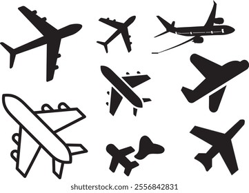 set of black airplane icons,travel symbols, Plane icon set. Flight transport symbol. Airplane icon vector. Travel flat illustration. Travel symbol. Vector EPS