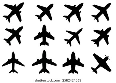 Set of Black Airplane Silhouettes on White Background