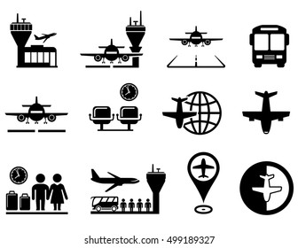 set of black airport with plane icons