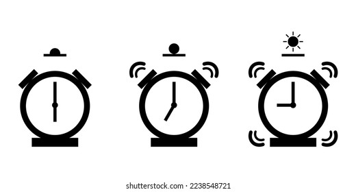 Schalten Sie den schwarzen Wecker früh auf und wecken Sie den späten Sonnenaufgang umriss Symbol flach Vektordesign.