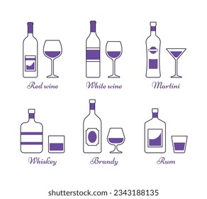 Set black alcoholic drinks with wineglasses in thin line style. Outline alcohol bottles and glasses in flat design. Linear icons beverages isolated on white background. Vector graphics.