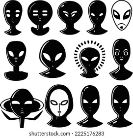 Set of black Alien icons on white background, illustration. Aliens and ufo set of vector objects and design elements in monochrome style isolated on white background. design assests. copy space