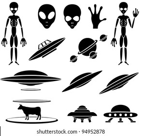 Set of black Alien icons on white background, illustration