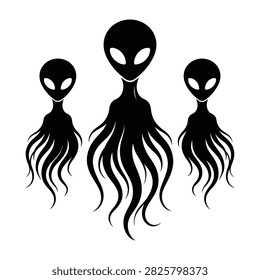 Set of black alien silhouettes featuring classic extraterrestrial heads and tentacle bodies. Ideal for sci-fi themes, Halloween, UFO concepts, and esoteric design elements.
