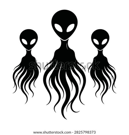 Set of black alien silhouettes featuring classic extraterrestrial heads and tentacle bodies. Ideal for sci-fi themes, Halloween, UFO concepts, and esoteric design elements.