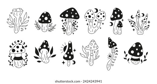 Set of black Amanita fly agaric mushrooms with moon, leafy twigs, third eye and stars isolated on white background. Magical boho hand drawn fungus clipart. Mystic vector illustration.