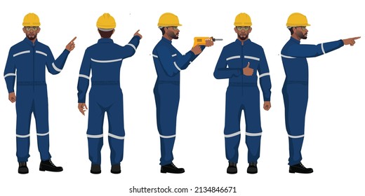 set of black american factory worker character different posses flat style illustration on white background