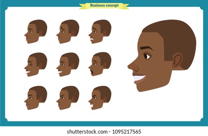 Set of black american male facial emotions. young man emoji character with front,side, profile view.Vector illustration in cartoon style.People's faces, person, Male characters.businessman.Joy, laugh