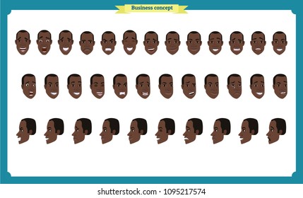 Set of black american male facial emotions. young man emoji character with front,side, profile view.Vector illustration in cartoon style.People's faces, person, Male characters.businessman.Joy, laugh