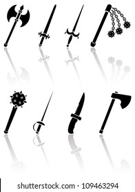 Set of black ancient weapon icons on white background, illustration