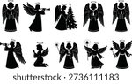 Set of black angel silhouettes with wings and halos playing trumpets holding candles praying and decorating Christmas tree on white background