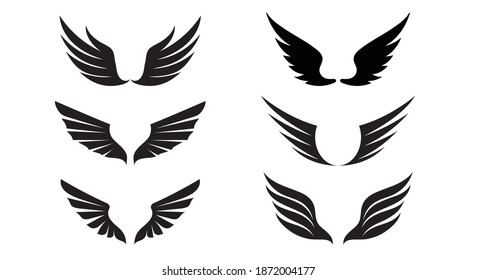 Set of Black Angel Wings. Vector Illustration and outline Icons. Symbol of freedom.