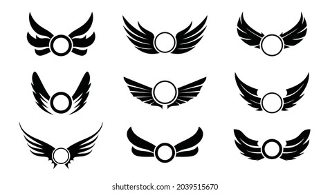 Set of Black Angel Wings. Vector Illustration and outline Icons. Symbol of freedom.