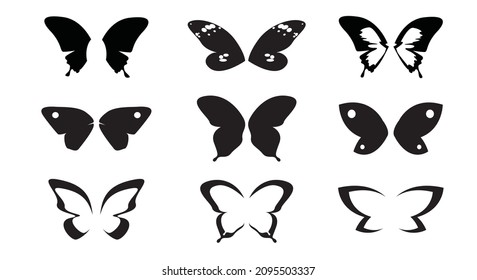 Set of black Angel Wings. Vector Illustration and outline Icons. Symbol of freedom.