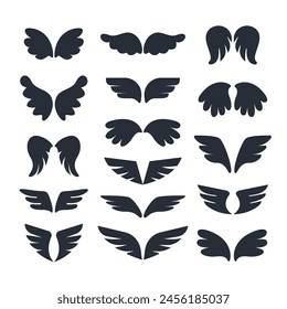 Set of black angel wings. White cute wings of animal