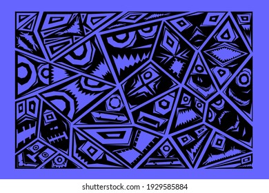 A set of black angular silhouettes of monsters on a blue background, an illustration for wallpaper on the wall and other purposes. Vector illustration.