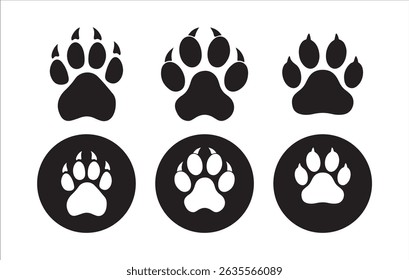 Set of Black Animal Paw Print Icons - Vector Silhouettes for Pet and Wildlife Designs, Victor illustration eps 10