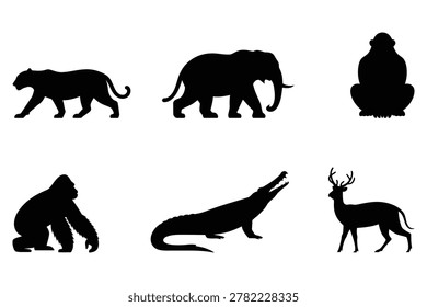Set of black animal silhouettes including tiger, elephant, gorilla, crocodile, and deer