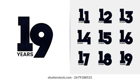 Conjunto de diseño de logotipo de aniversario negro. Símbolo de cumpleaños con color negro y concepto de línea azul para la celebración moderna. Número de Tecnología Vector Plantilla